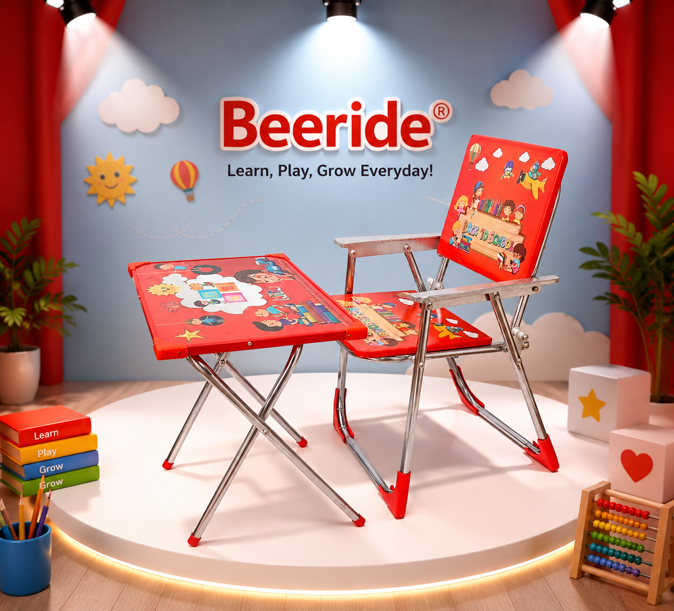 Kids Folding Table and Chair Set, Steel Frame, Cartoon Print, Back to School Theme, Red and Blue 