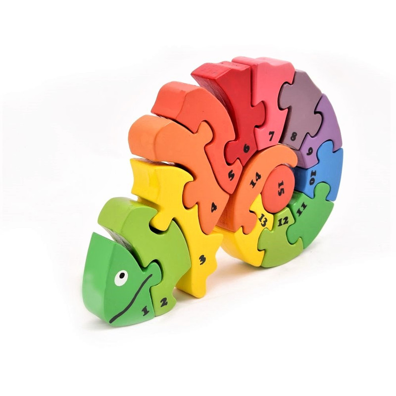 Wooden Montessori Chameleon Puzzle Set Counting Numbers- double sided Front side (1 to 10) & Back Side(I to XV) - Educational & Learning Toys- Multicoloured