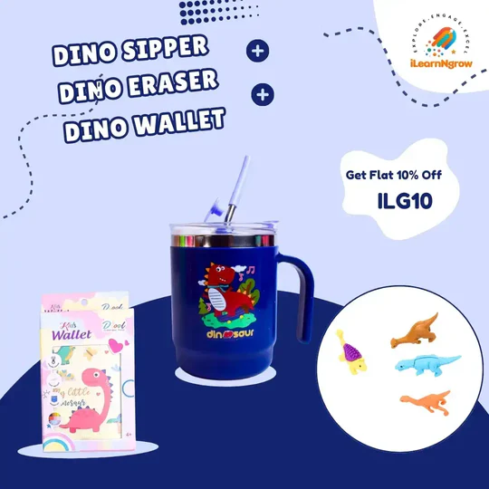 Dino Adventure Bundle for Kids Ã¢ÂÂ Sipper Bottle, Eraser & Wallet | Dinosaur-Themed Gift Set