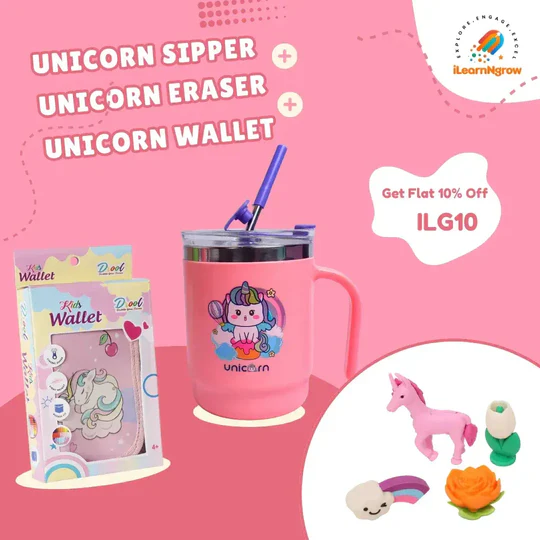 Unicorn Fun Bundle for Kids - Sipper Bottle, Eraser & Wallet | Magical Unicorn Gift Set