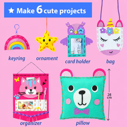 ilearnngrow My First Sewing Kit for Beginner Kids, 6 Easy DIY Projects of Stuffed Animal theme & Plush Pillow Craft, Pre-Punched Felt & Instructions, Gift for Girls Boys, Learn to Sew, Embroidery