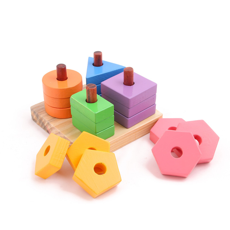 Wooden Geometric Shapes Stacker & Sorter Blocks (4 Shapes)(12 Pieces)(Base Square)
