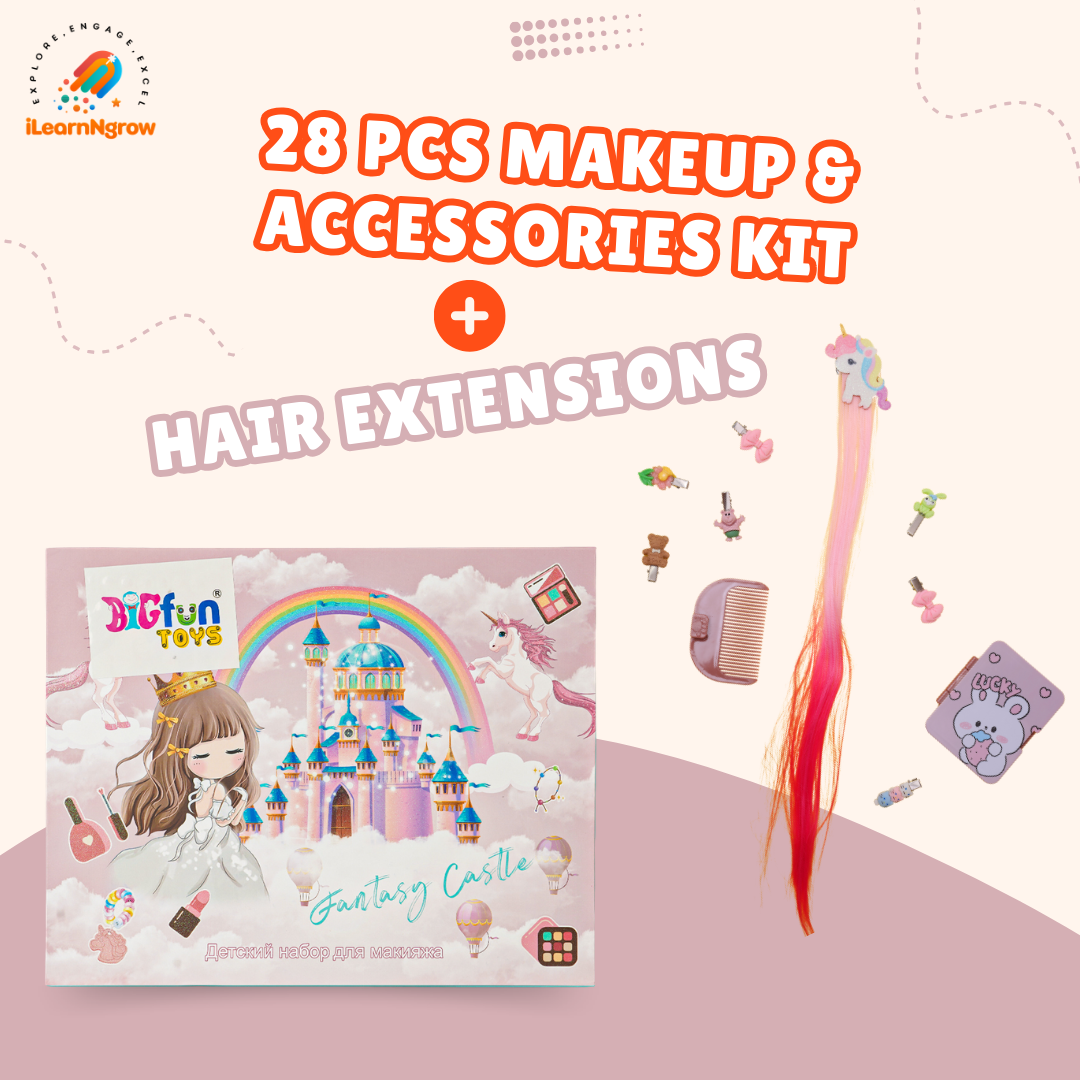 ilearnngrow 28 pcs Makeup & Accessories Kit + Hair Extensions Combo Set
