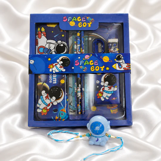 iLearnNGrow Space Theme Stationery Rakhi Combo-Pencil Box Set with Space Rakhi for Kids