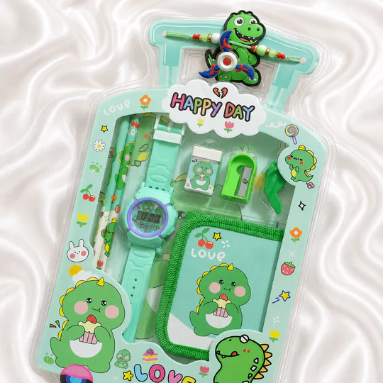 iLearnNGrow Luggage Packing Stationery Rakhi Combo-Complete School Essentials Gift Set with Watch, Wallet & Rakhi - Green