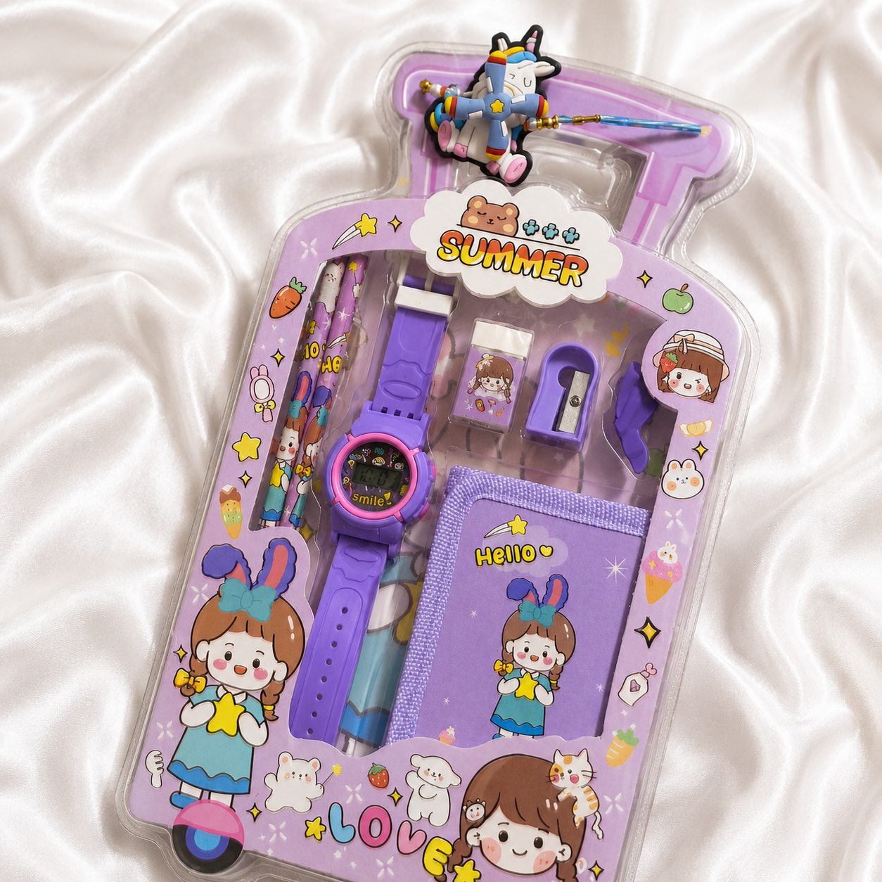 iLearnNGrow Luggage Packing Stationery Rakhi Combo-Complete School Essentials Gift Set with Watch, Wallet & Rakhi - Purple