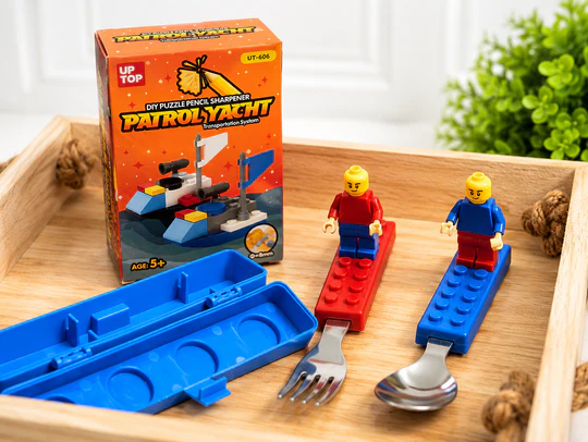 iLearnNGrow Lego Rakhi Hamper-Creative Gift Basket with Lego Frame, Pencil, Cutlery Set, Sharpener & Rakhi