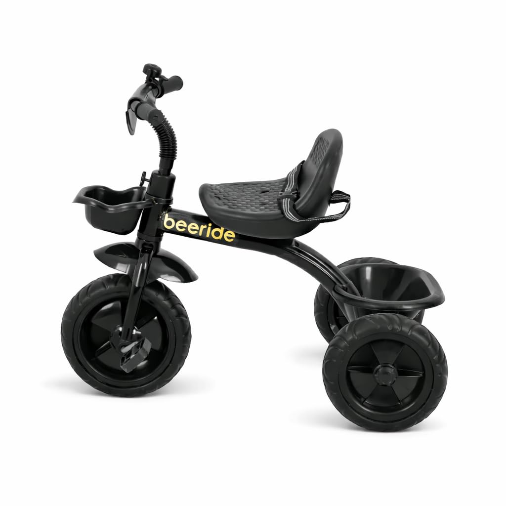 Beeride Smart & Safe Kids Tricycle with EVA Wheels, Storage Basket & Seat Belt | 3-Wheel Tricycle for Toddlers Age 3-5 Years | Black Tricycle for Boys & Girls