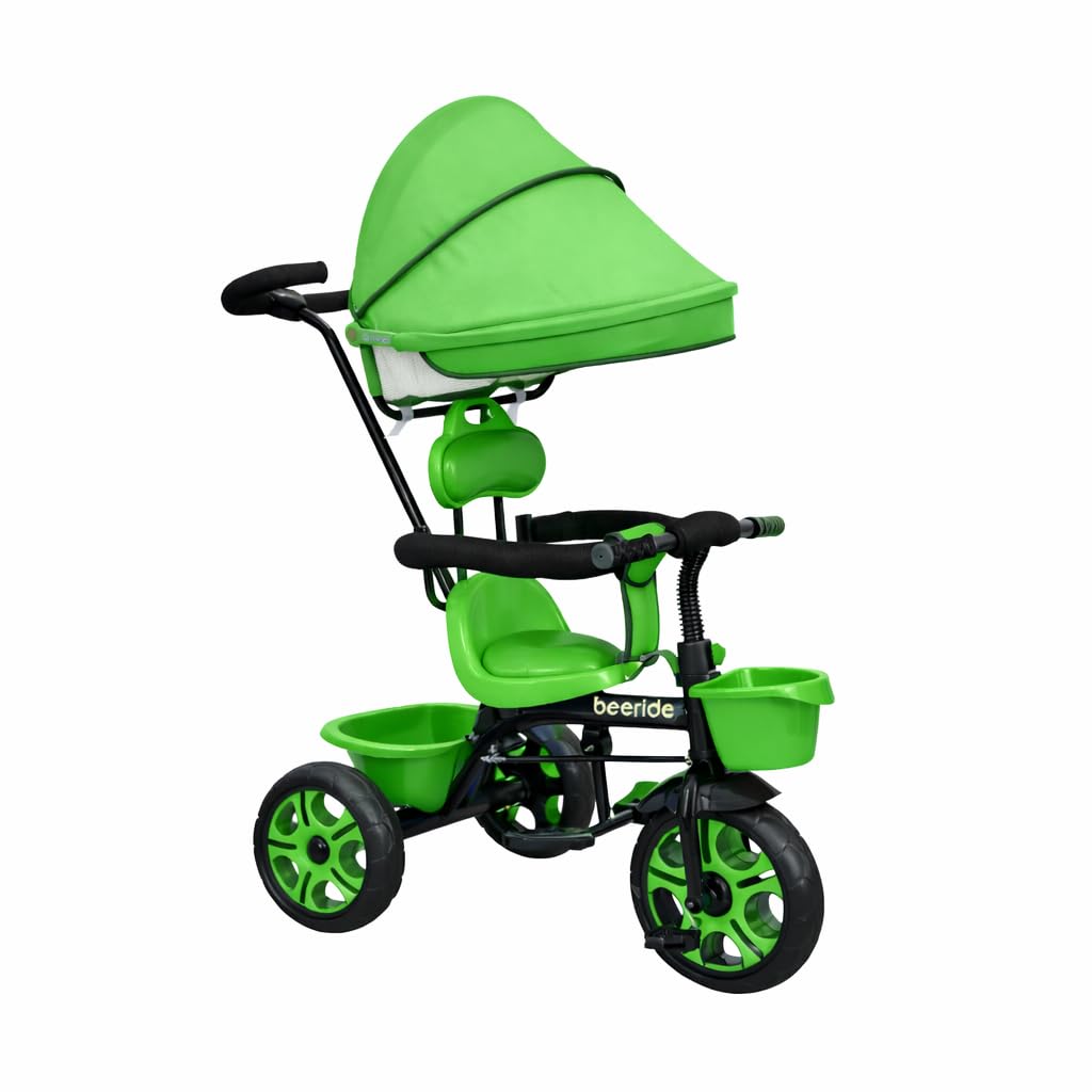 Beeride Kids Tricycle with Comfortable Cushion Seat & Wheel Brakes|Rotating Seat Tricycle for Boys & Girls (Age 2-5 Years)|Safe Ride with Storage Basket & Push Handle (Green)