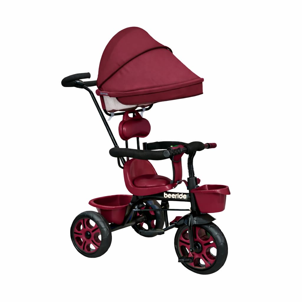 Beeride Kids Tricycle with Comfortable Cushion Seat & Wheel Brakes|Rotating Seat Tricycle for Boys & Girls (Age 2-5 Years)|Safe Ride with Storage Basket & Push Handle (Maroon)