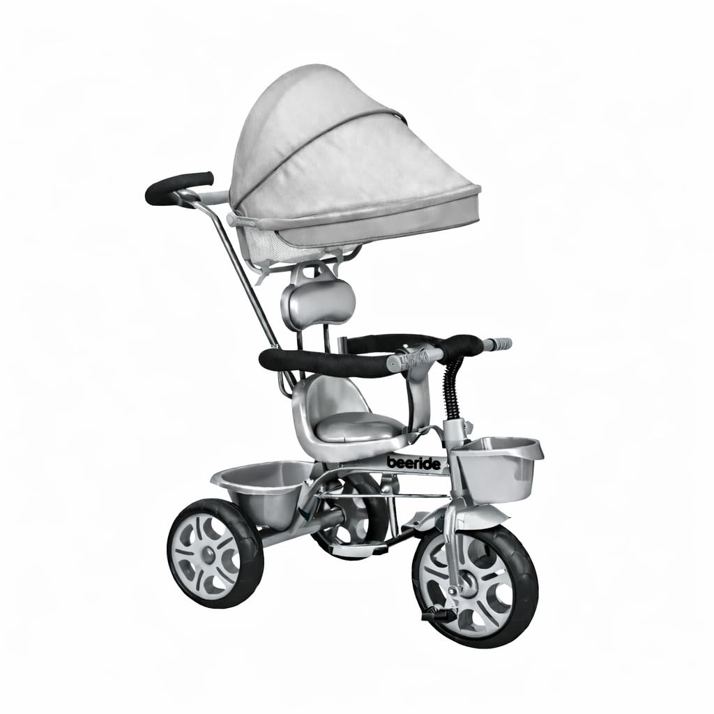 Beeride Kids Tricycle with Comfortable Cushion Seat & Wheel Brakes|Rotating Seat Tricycle for Boys & Girls (Age 2-5 Years)|Safe Ride with Storage Basket & Push Handle (Sliver)