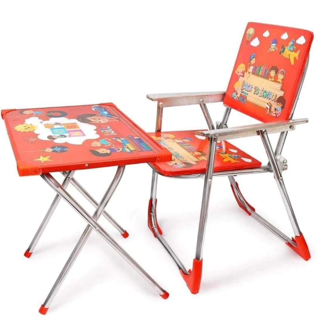 Beeride Kids Folding Table and Chair Set, Steel Frame, Cartoon Print, Back to School Theme (Red)