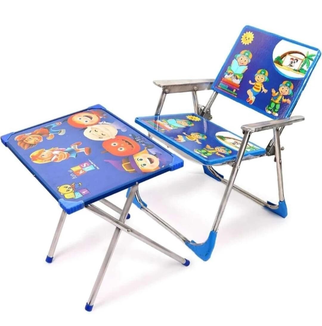 Beeride Kids Folding Table and Chair Set, Steel Frame, Cartoon Print, Back to School Theme (Blue)