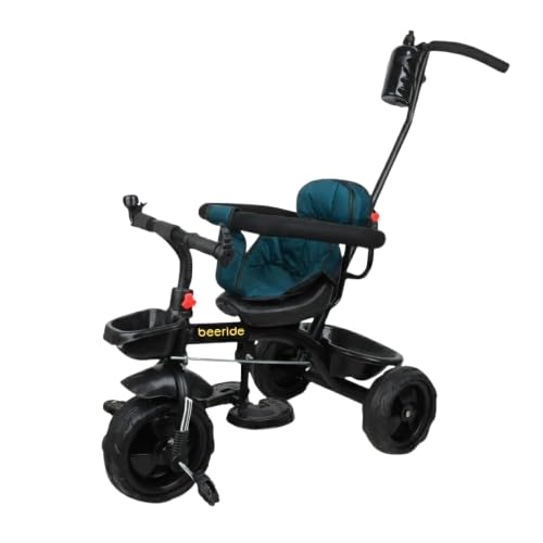 Beeride Kids Tricycle with Push Handle Bar | Safety Harness, Comfortable Seat, Bottle Holder, Front & Rear Basket | Ride-On Trike for Toddlers & Kids