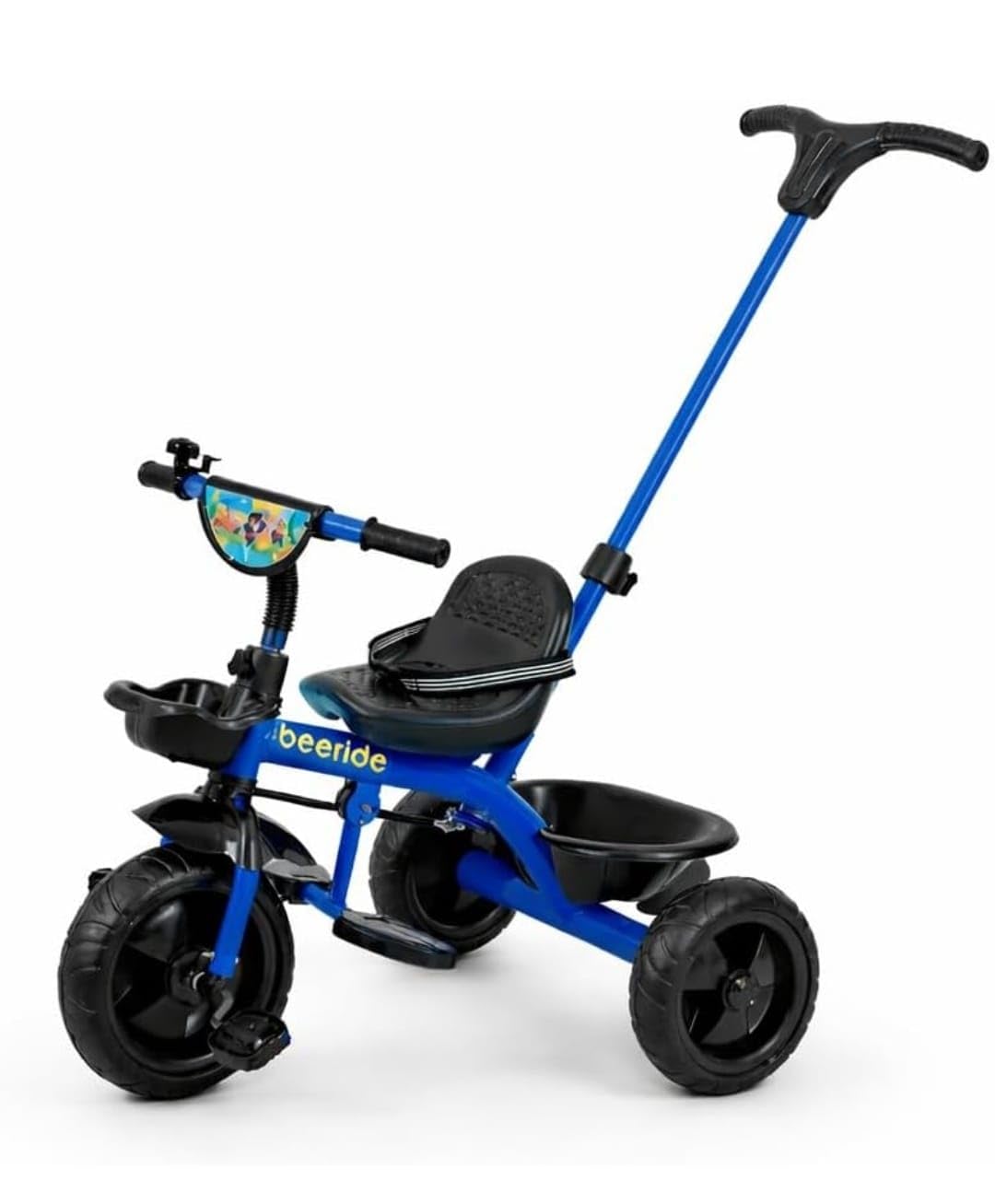 Beeride Kids Tricycle with Parent Push Handle - Blue Toddler Ride-On Trike with Storage Basket, Safety Backrest, Sturdy & Comfortable for Boys & Girls