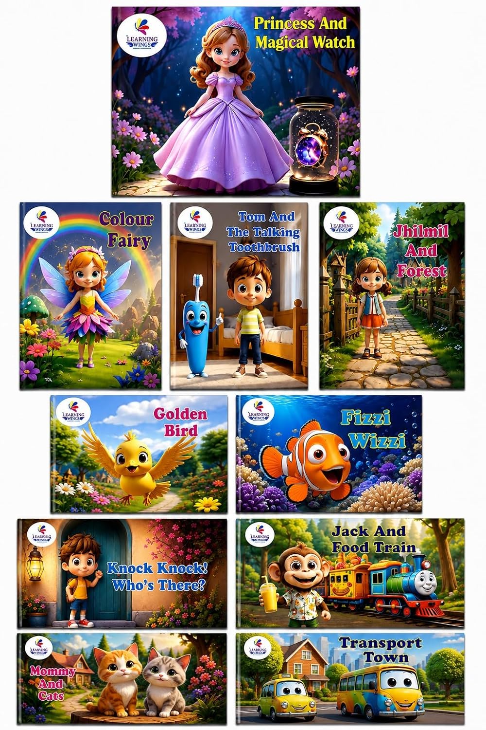 Learning Wings Children's Story Books Princess, Fairy, Animals, Transport Theme ( Set of 10 )