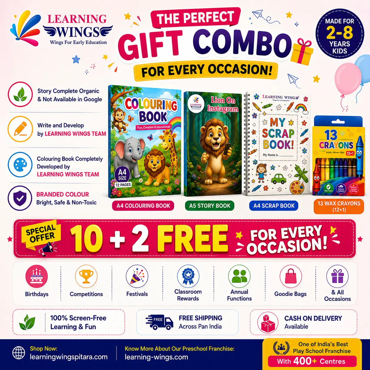 Learning Wings Creative Learning Gift Combo for Kids | Colouring Book + Story Book + Scrap Book +13 Crayons | Best Return Gift 2-8 Yrs