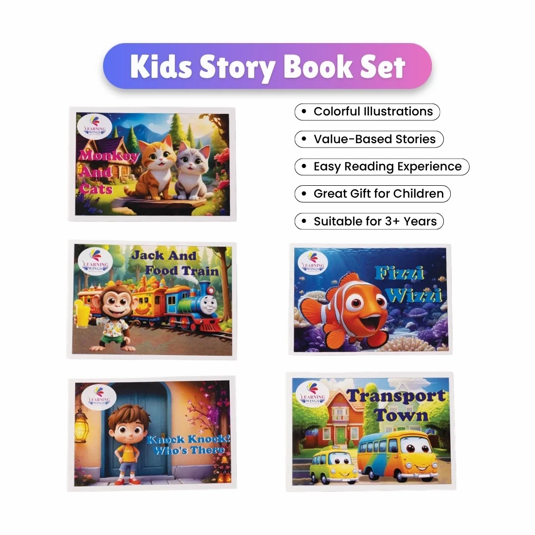 Learning Wings Kids Story Books Set of 5 for Ages 2-4 Years | Fizzi Wizzi, Knock Knock! Who's There?, Jack and Food Train, Monkey and Cats & Transport Town | Picture Books