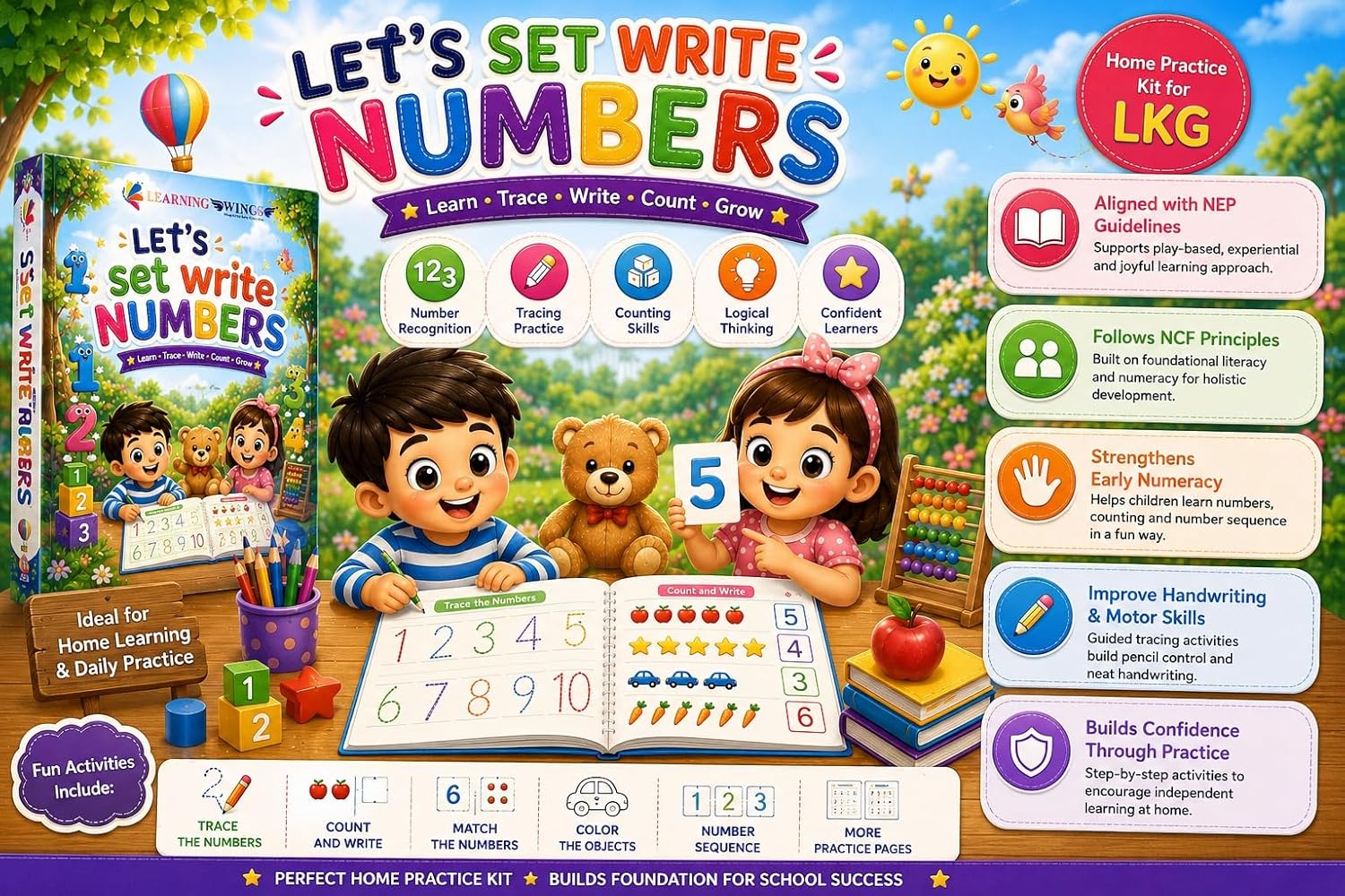 Learning Wings Let's Set Write Numbers, Home Practice Kit for LKG, Number Recognition, Tracing & Counting Skills