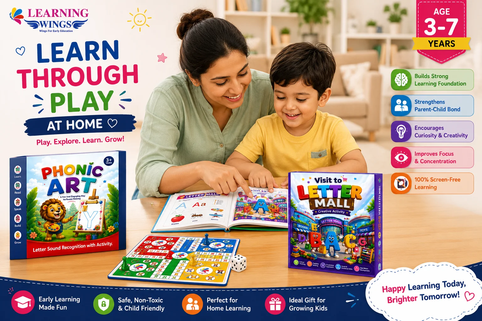 Learning Wings Phonics Starter Pack | Phonics Ludo + Letter Mall Activity Book | Learn Letters Through Play | Ages 2-7 Years
