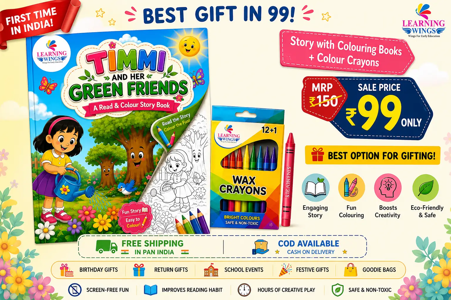 Learning Wings Timmi and Her Green Friends | Read & Colour Story Book with 13 Wax Crayons | Creative Gift for Kids (3-8 Years)