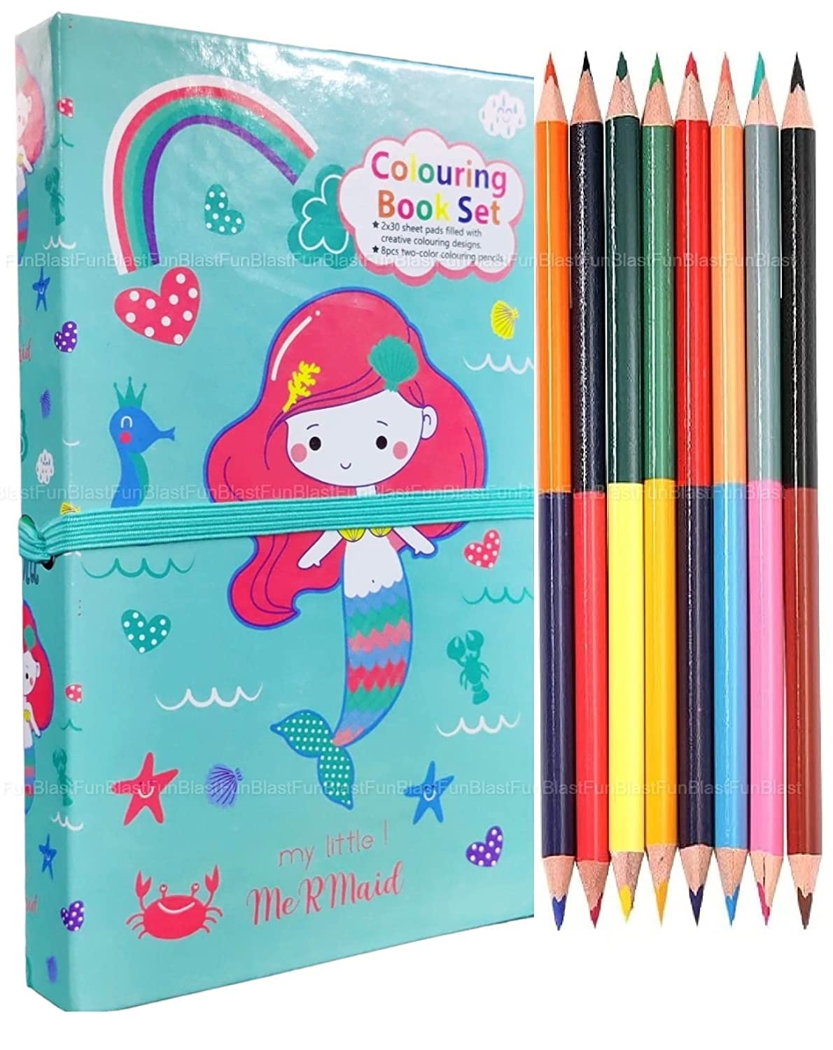 Toyfinity Mermaid Theme Cartoon Colouring Book with 8 Double Side Colour Pencils, Art and Craft Drawing Color Book Set for 3+ Years Old Boys, Girls Toddlers, Return Gift for Kids (Mermaid)