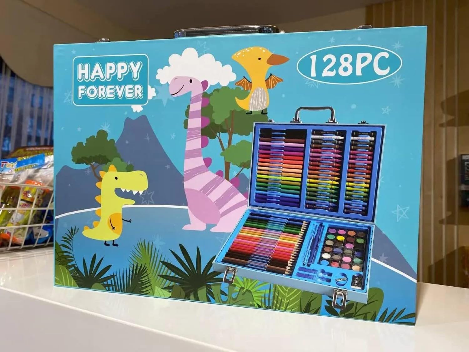 Toyfinity Blue 128-Piece Painting Set in Portable Briefcase for Kids and Adults - Markers, Chalks, Pencils, Paints (Assorted Print and Colour)