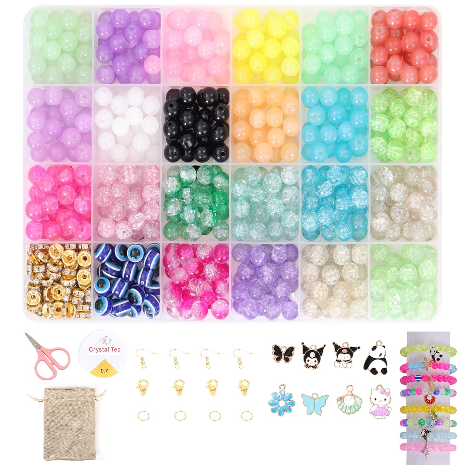 Ambitieux Children All-in-One Bracelet Making Kit - 24 Grid Jewelry Set with 1000+ Beads, Alphabet Letters, Charms, Jump Rings, Tools & 2 Elastic Rolls (Clay With 8mm matt)