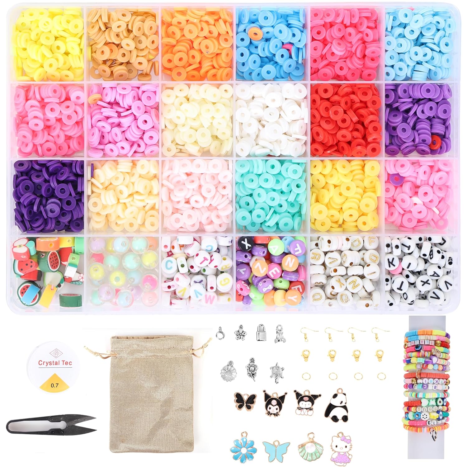 Ambitieux Children Jewelry Making Craft Bracelet Kits Set For Kids-DIY 24 Compartment, 700+ Colorful Beads, Ear Hangings, Lobster Locks & Rings, 8 Pcs of Charms With Accessorie (Clay Beads 3)
