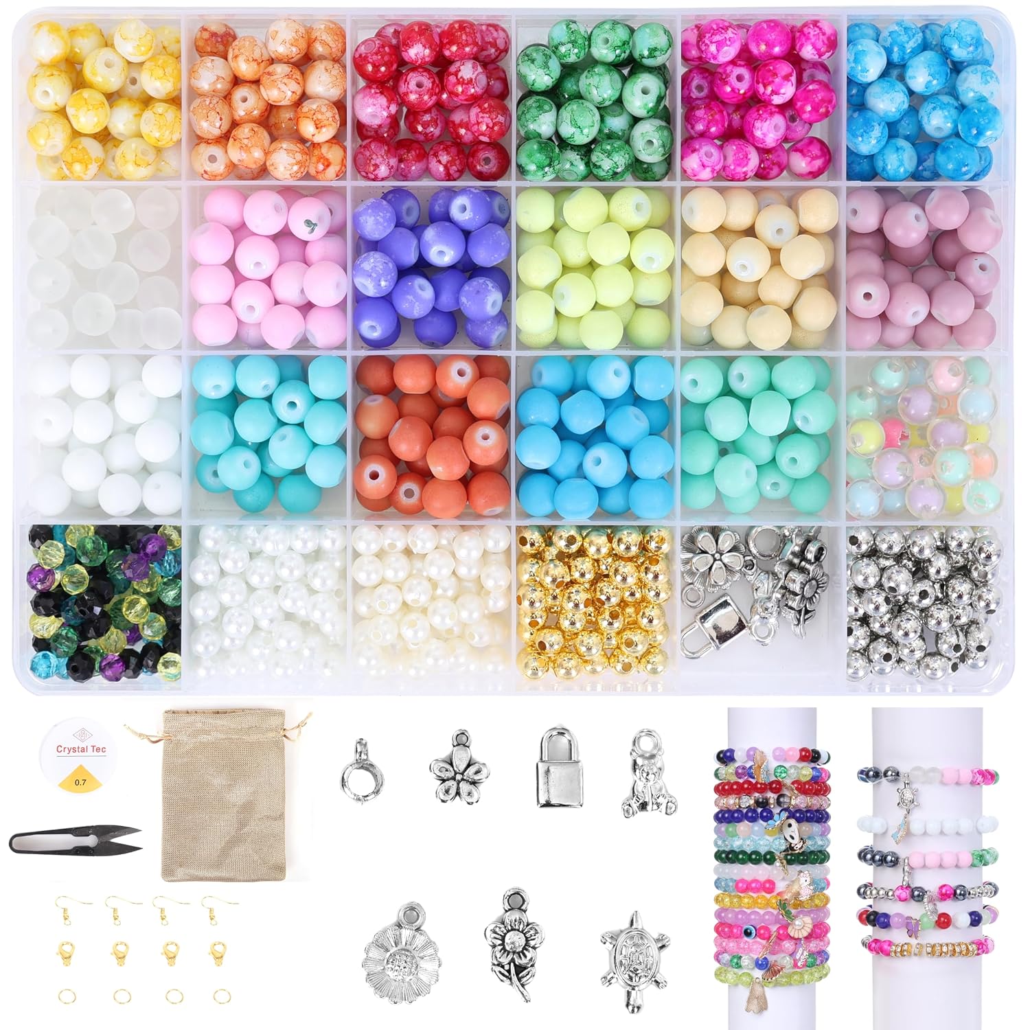 Ambitieux Children Jewelry Making Craft Bracelet Kits set for Kids - DIY 24 Compartment Box, 700+ Colorful Beads, Ear Hangings, Lobster Locks & Rings, With Accessories (Marble & Matt Glass)