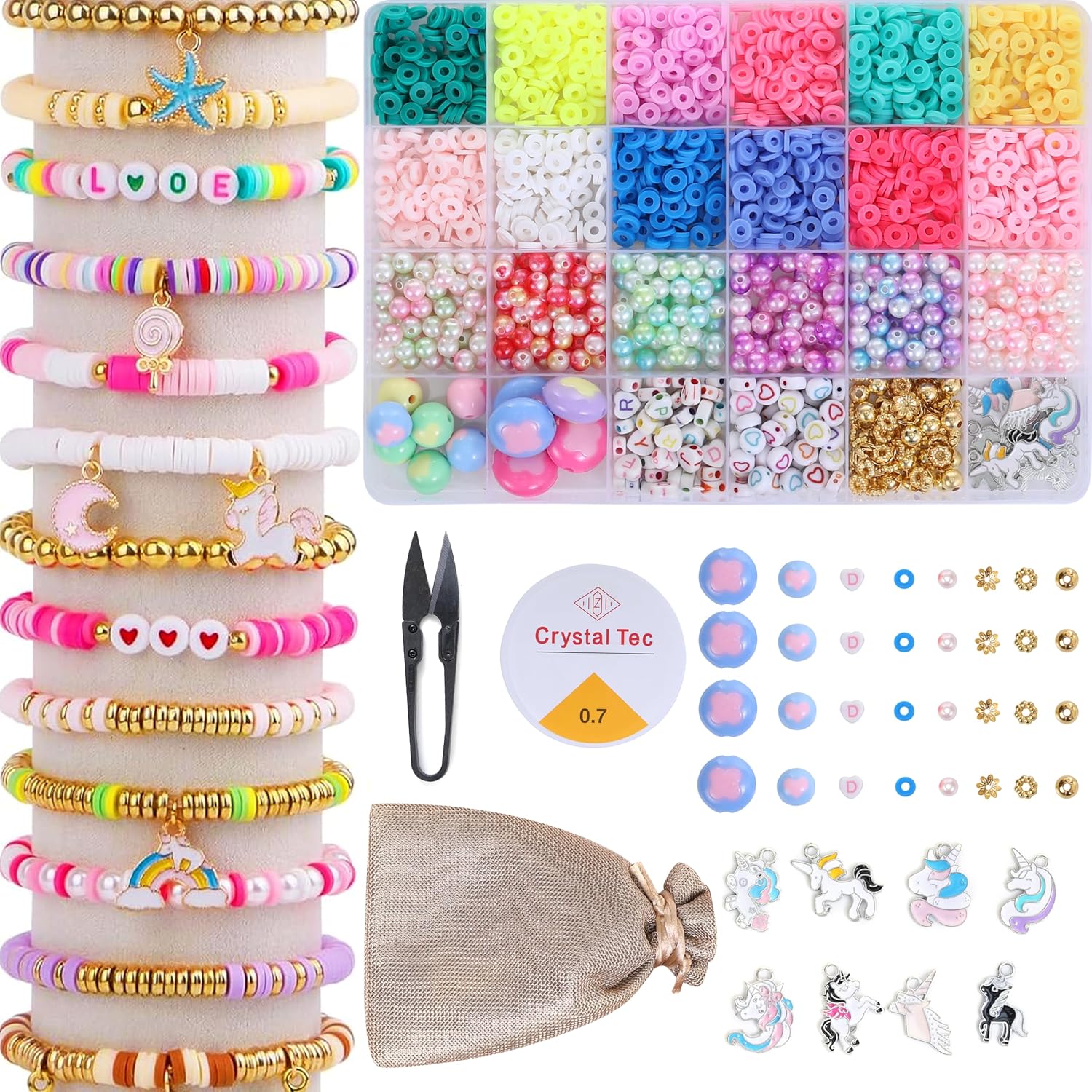 Ambitieux Unicorn Bracelet Making Kit - 4000+ Beads Jewelry Kit with Charms, Elastic String, Box & Tool - DIY Bracelet Necklace Craft Kit for Kids Ages 6-12 - Gift Set with Theme (Unicorn Kit)