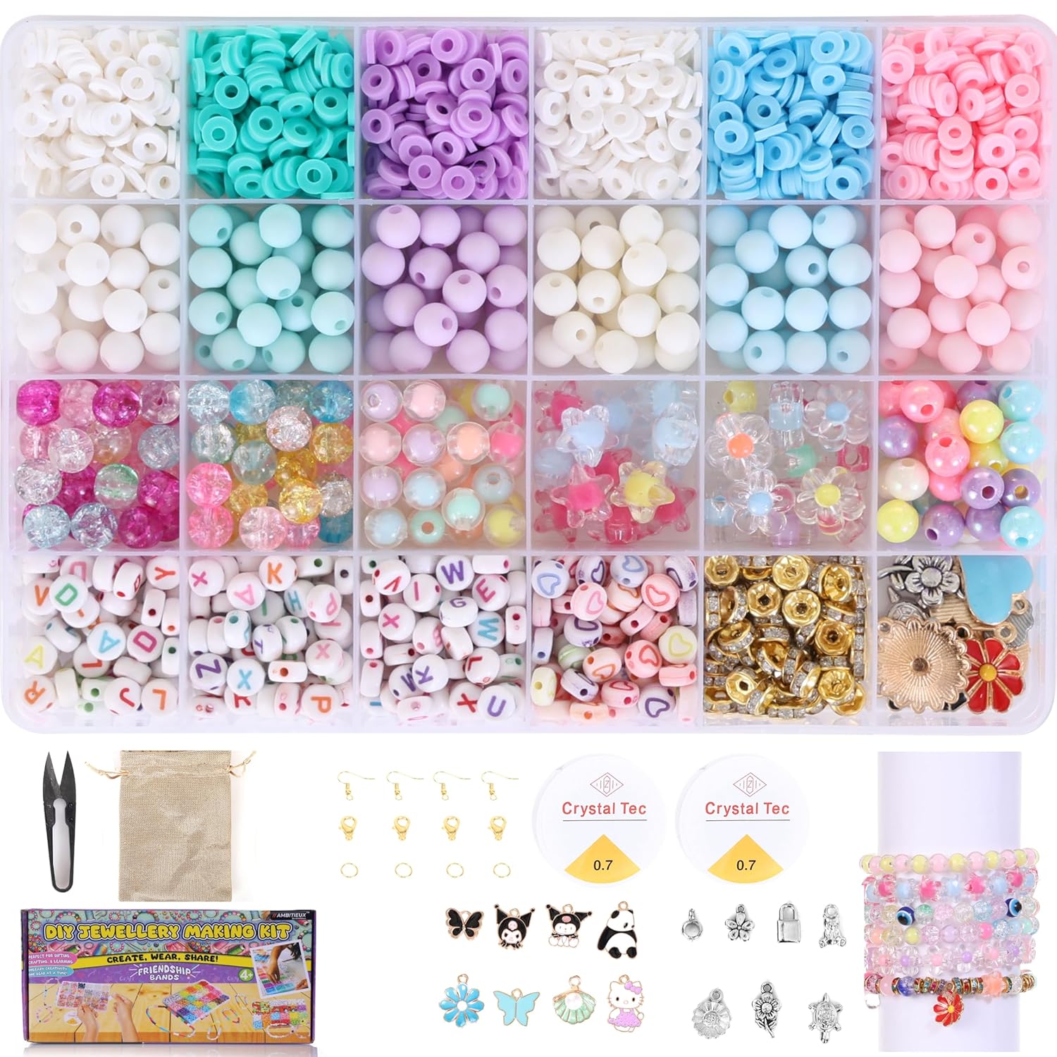 Ambitieux Children All-in-One Bracelet Making Kit - 24 Grid Jewelry Set with 1000+ Beads, Alphabet Letters, Charms, Jump Rings, Tools & 2 Elastic Rolls - DIY Craft Kit for Kids (Clay With 8mm Matt)