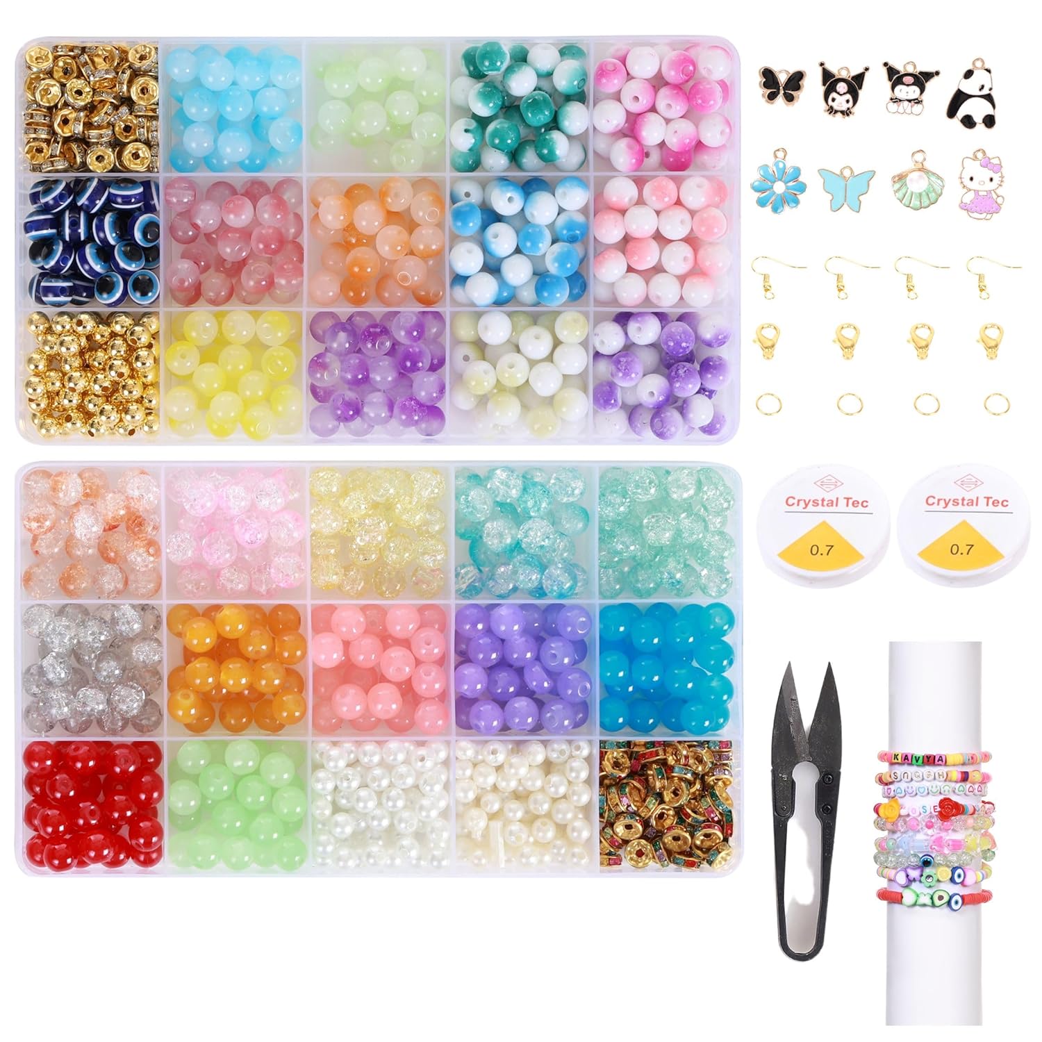 Ambitieux DIY Bracelet Making Kit for Girls - 30 Types of 600+ pcs of Crackle, Jelly & Pearl Beads golden ring in 2 Boxes with Charms, Hooks, Elastic Threads & Cutter - Craft Kit for Kids Age 7-12 Y