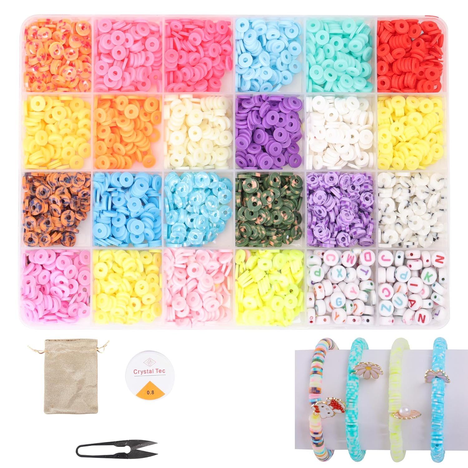 Ambitieux Diy Bracelet Making Kit - 6000+ Pcs 24 Colorful Clay Beads, 10M Elastic Thread, Jute Bag & Cutter - Gift For Girls Birthdays (Clay Beads 1), Multicolor