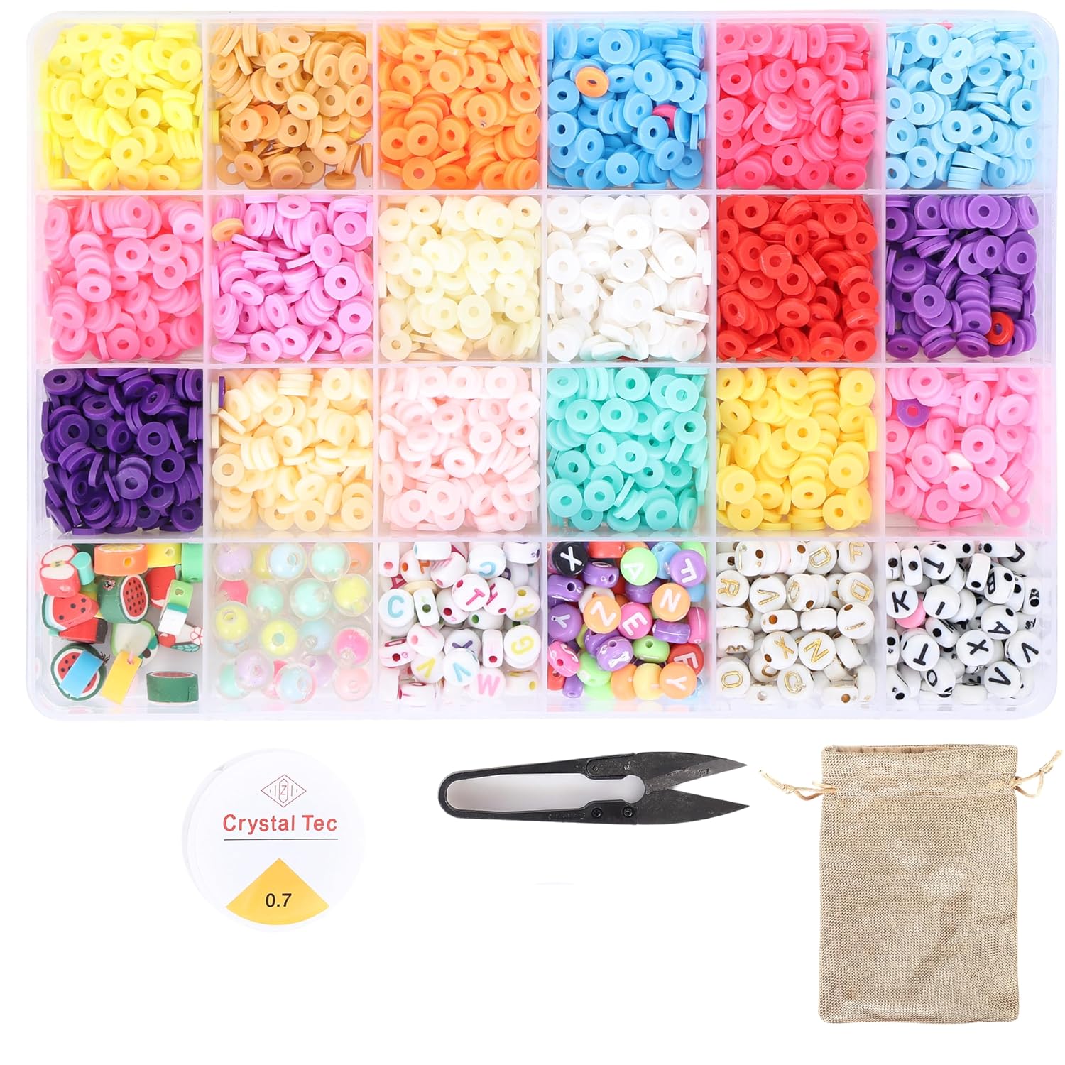 Ambitieux DIY Bracelet Making Kit - 24 Colorful Beads, 10m Elastic Thread, Jute Bag & Cutter - Gift for Girls Birthdays (Clay Beads 3)