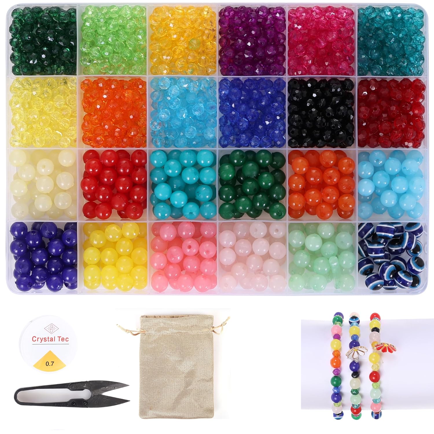 Ambitieux DIY Bracelet Making Kit - 24 Colorful Beads, 10m Elastic Thread, Jute Bag & Cutter - Gift for Girls Birthdays (Crystal with Moon)