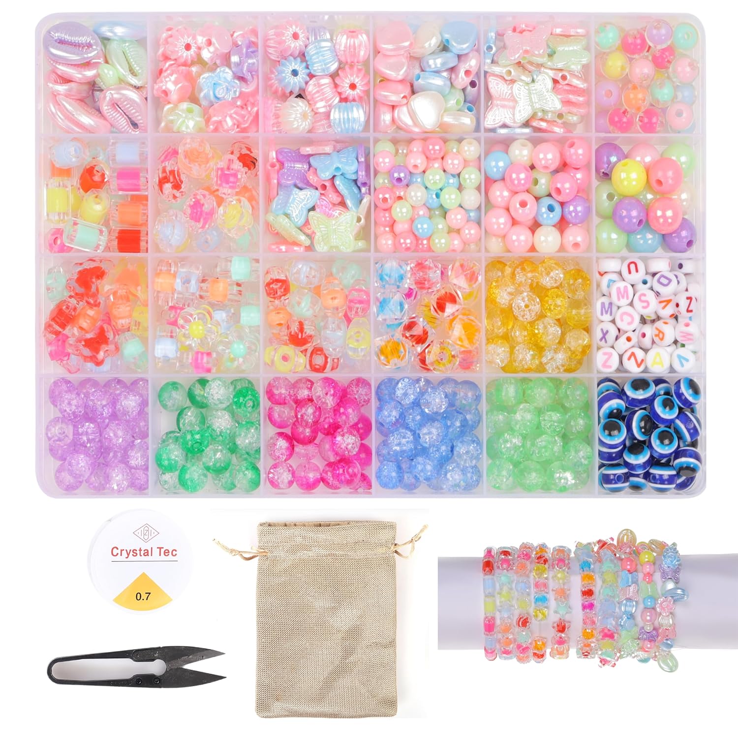 Ambitieux DIY Bracelet Making Kit - 24 Colorful Beads, 10m Elastic Thread, Jute Bag & Cutter - Gift for Girls Birthdays (Double Beads Multicolor)