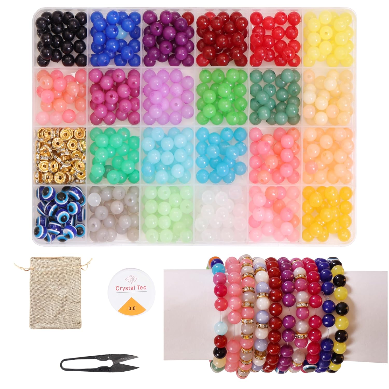 Ambitieux Diy Bracelet Making Kit - 600+ Pcs 24 Colorful Beads, 10M Elastic Thread, Jute Bag & Cutter - Gift For Girls Birthdays (Moon 8Mm), Multicolor