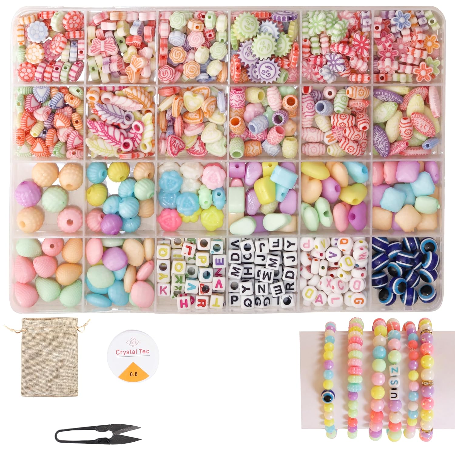 Ambitieux DIY Bracelet Making Kit - 800+ Pcs 24 Colorful Beads, 10m Elastic Thread, Jute Bag & Cutter - Gift for Girls Birthdays (Multicolor Mix 1)